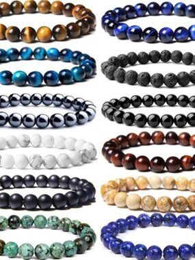 12PCS 8mm Semi-Precious Gemstones Beaded Bracelets for Men Women Tiger Eye Lava